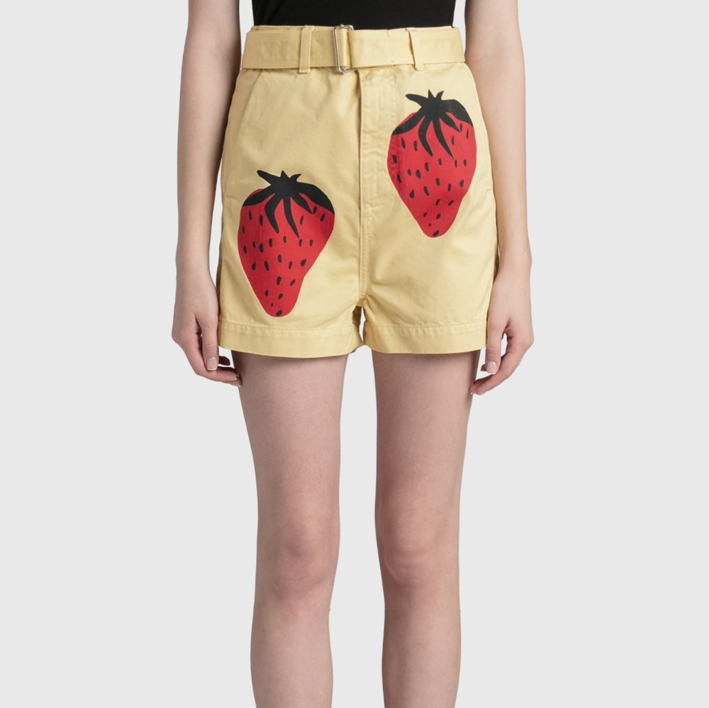 JW ANDERSON Yellow High-Waist Shorts with Red Strawberry Motif